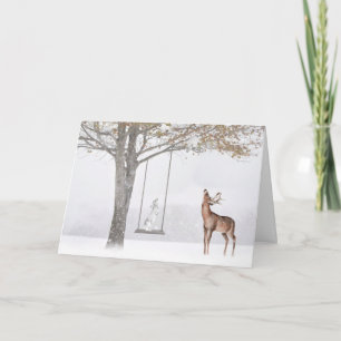 Carte Lapin de Noël sur l'arbre à la neige hivernale