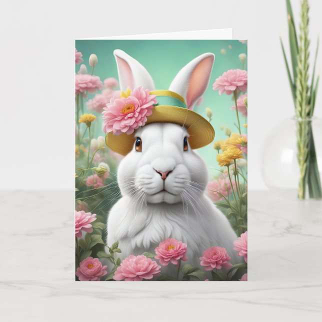 Carte Lapin de Pâques avec chapeau de printemps (Devant)