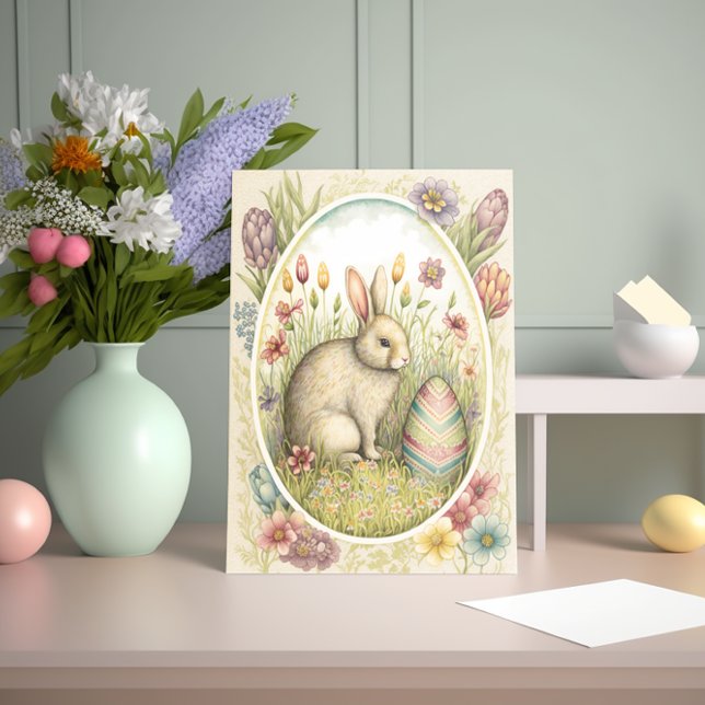Carte Lapin de Pâques avec Oeuf Décoré et Fleurs (Créateur téléchargé)