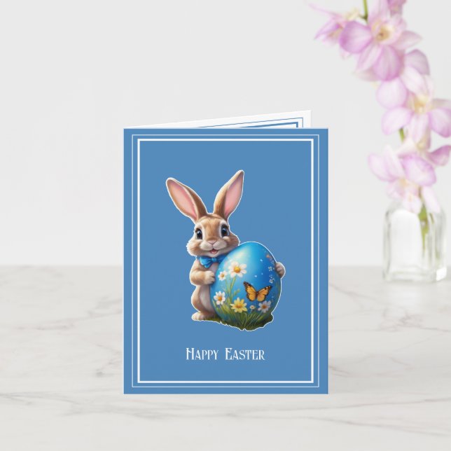 Carte Lapin de Pâques avec un nœud bleu - (Orchidée)
