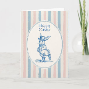 Carte Lapin de Pâques bleu rayé pastel rétro vintage