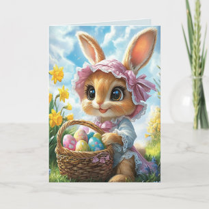 Carte Lapin de Pâques Chapeau Rose Panier Œufs
