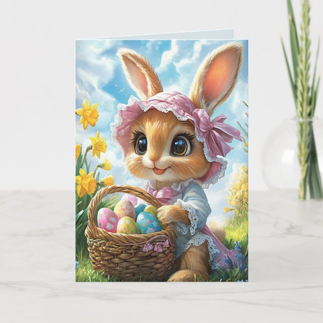 Carte Lapin de Pâques Chapeau Rose Panier Œufs (Devant)