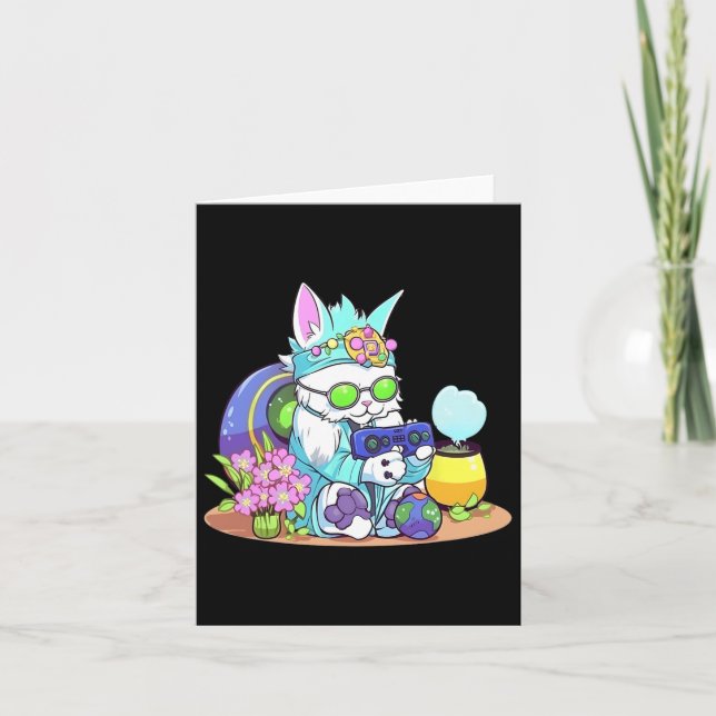 Carte Lapin de Pâques Chat Drôle de Joueur de Jeu Vidéo  (Devant)