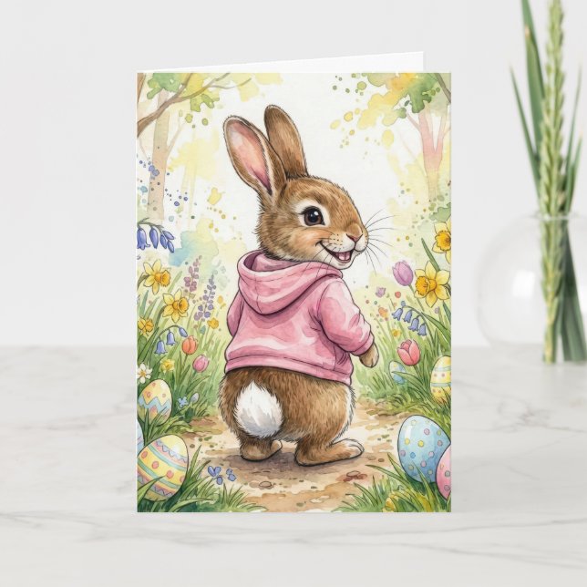 Carte Lapin de Pâques dans un jardin printanier (Devant)