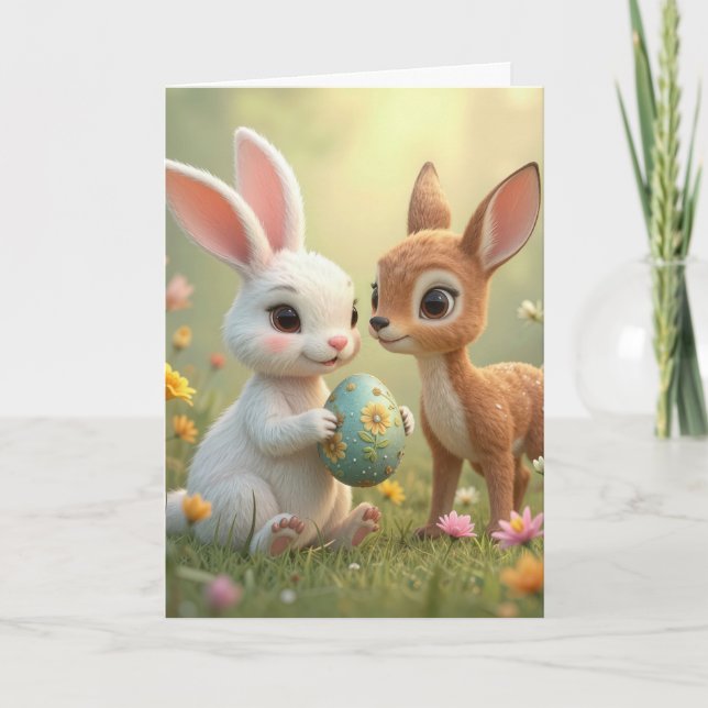 Carte Lapin de Pâques et faon dans les fleurs sauvages (Devant)