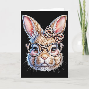 Carte Lapin de Pâques féminin avec nœud léopard et encol