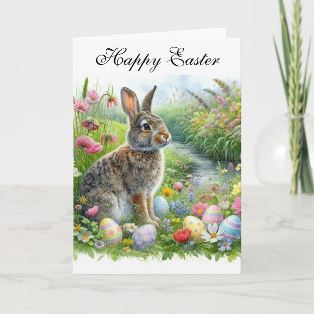 Carte Lapin de Pâques heureux et œufs de fête  (Devant)