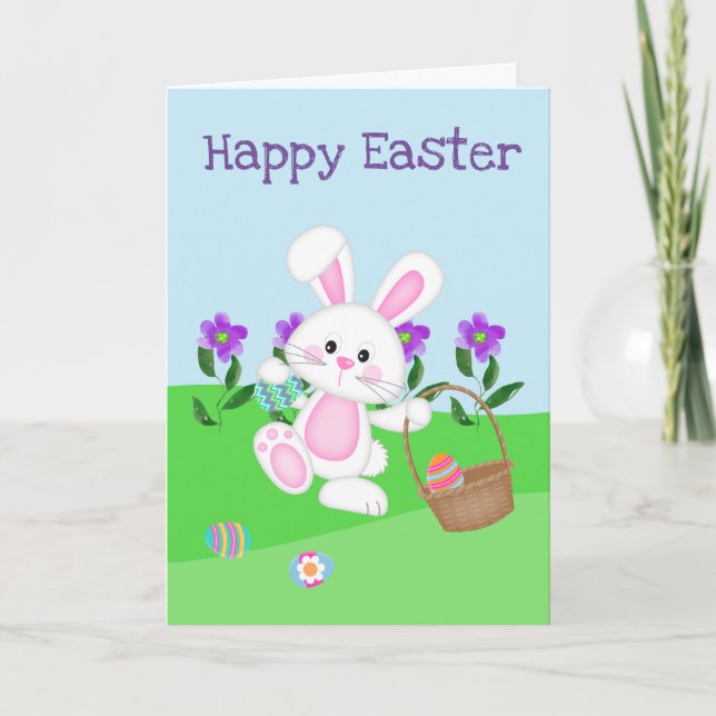 Carte Lapin de Pâques heureux et panier (Devant)