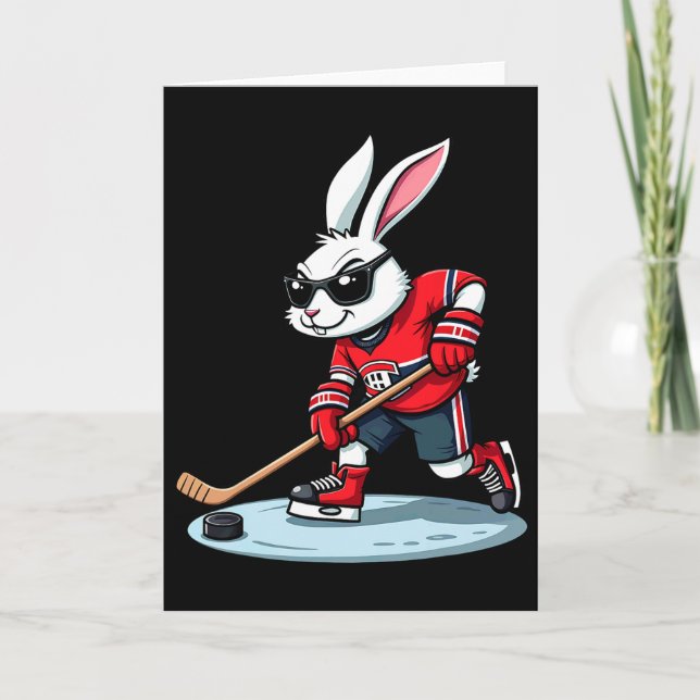 Carte Lapin de Pâques jouant au hockey  (Devant)