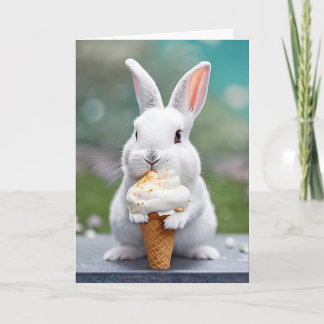 Carte Lapin De Pâques Mangeant Un Cône De Crème De Glace (Devant)