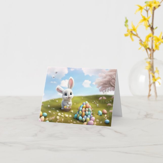Carte Lapin de Pâques mignon avec panier de Pâques  (Fleur jaune)