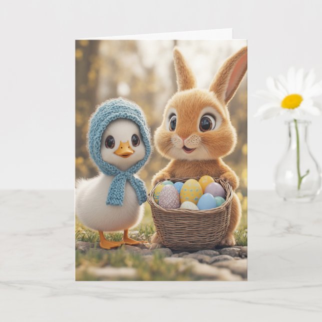 Carte Lapin de Pâques Œufs Bébé Caneton Heureux (Petite plante)