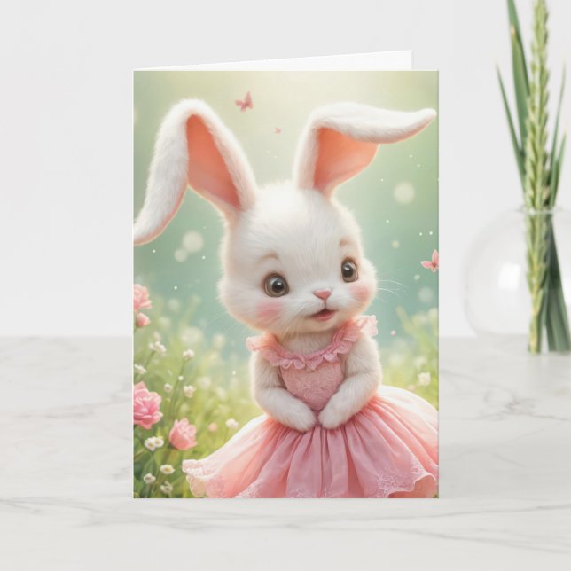 Carte Lapin de Pâques portant une robe rose (Devant)