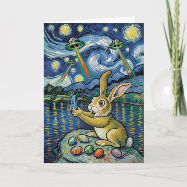 Carte Lapin de Pâques UFO Selfie Nuit étoilée (Devant)