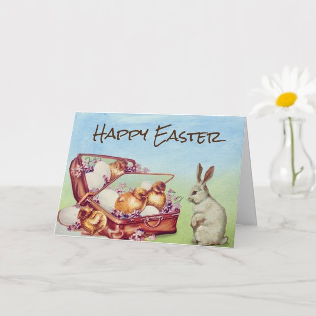 Carte Lapin de Pâques vintage (Petite plante)
