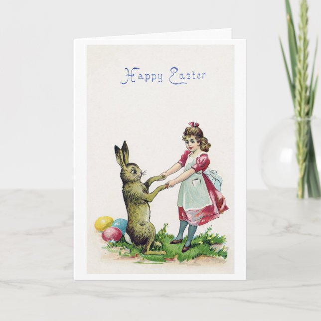 Carte Lapin de Pâques vintage avec fille (Devant)