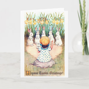 Carte Lapin de Pâques vintage avec fille