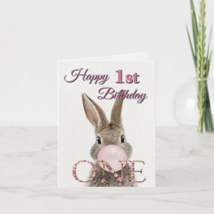 Carte Lapin de premier anniversaire soufflant du bubble