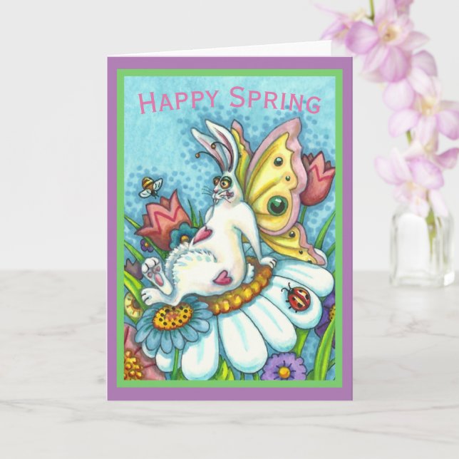 CARTE LAPIN DE PRINTEMPS JOYEUX FLUTTERBUN, LAPIN DRÔLE  (Orchidée)