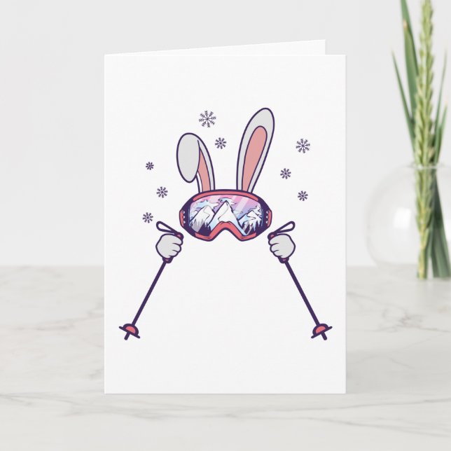 Carte Lapin de ski avec bâtons de ski et lunettes de ski (Devant)