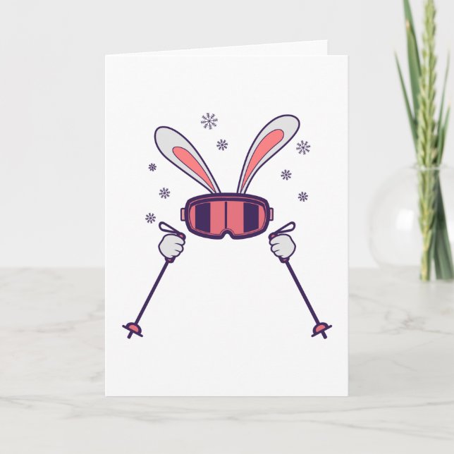 Carte Lapin de ski avec bâtons de ski et lunettes de ski (Devant)