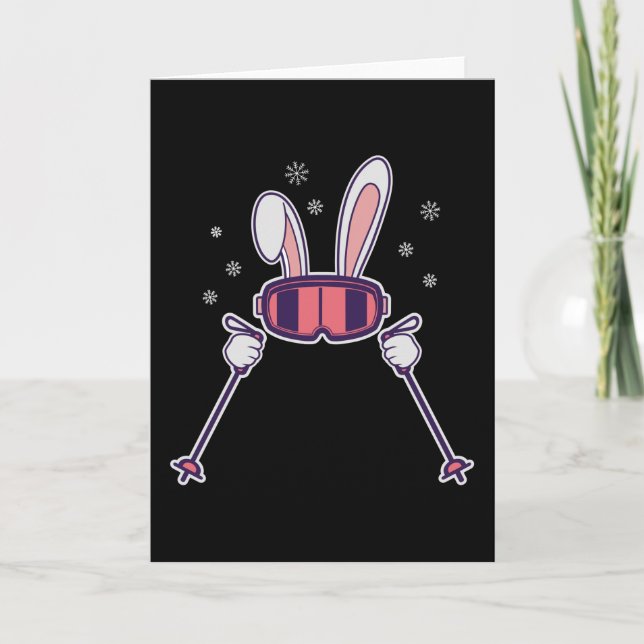 Carte Lapin de ski avec bâtons de ski et lunettes de ski (Devant)