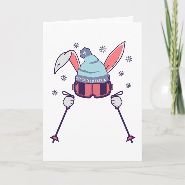 Carte Lapin de ski avec bâtons de ski lunettes de ski ca (Devant)