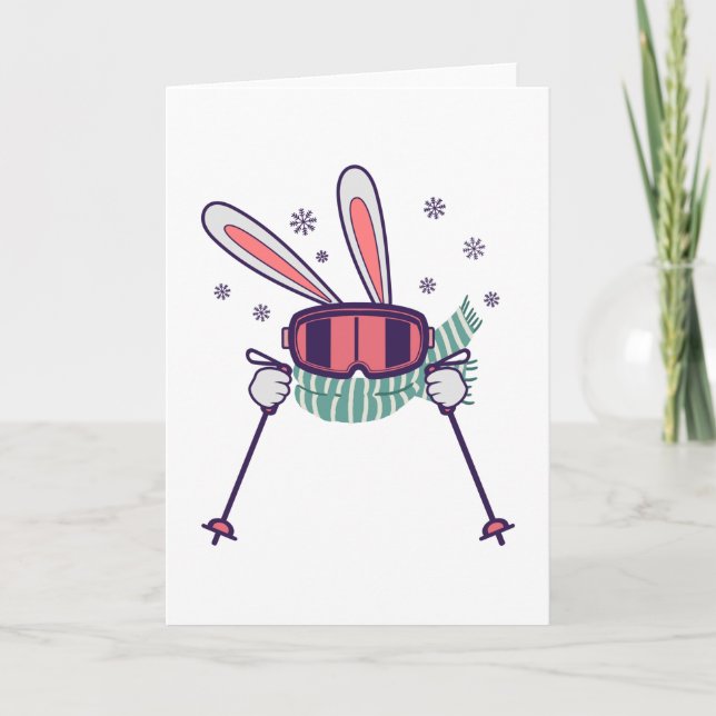 Carte Lapin de ski avec bâtons de ski lunettes de ski et (Devant)