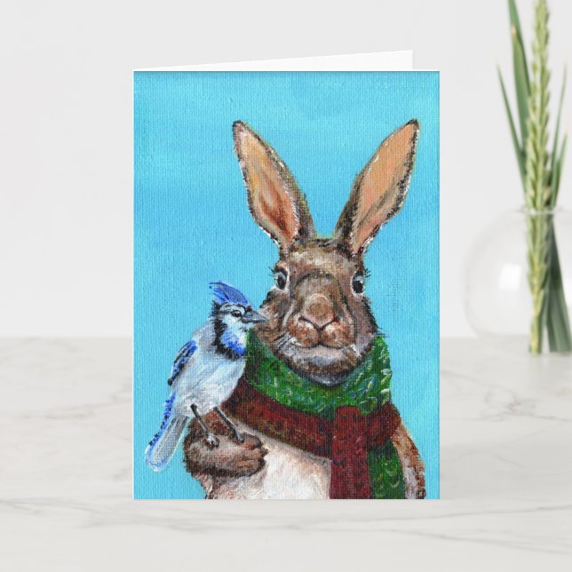 Carte Lapin d'hiver avec Jay Bleu (Devant)