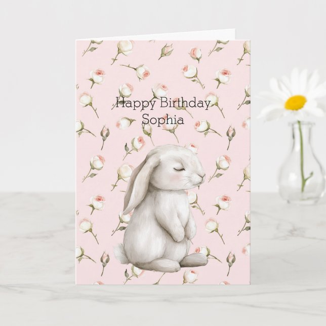Carte Lapin doux Bunny Roses Fleurs roses Anniversaire (Petite plante)