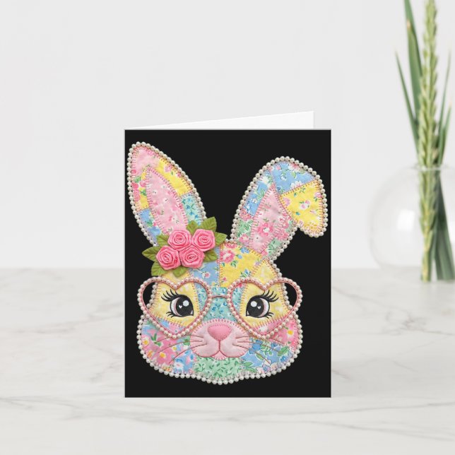 Carte Lapin drôle visage lunettes patchwork floral lapin (Devant)
