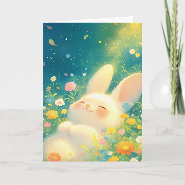 Carte Lapin endormi parmi les fleurs (Devant)