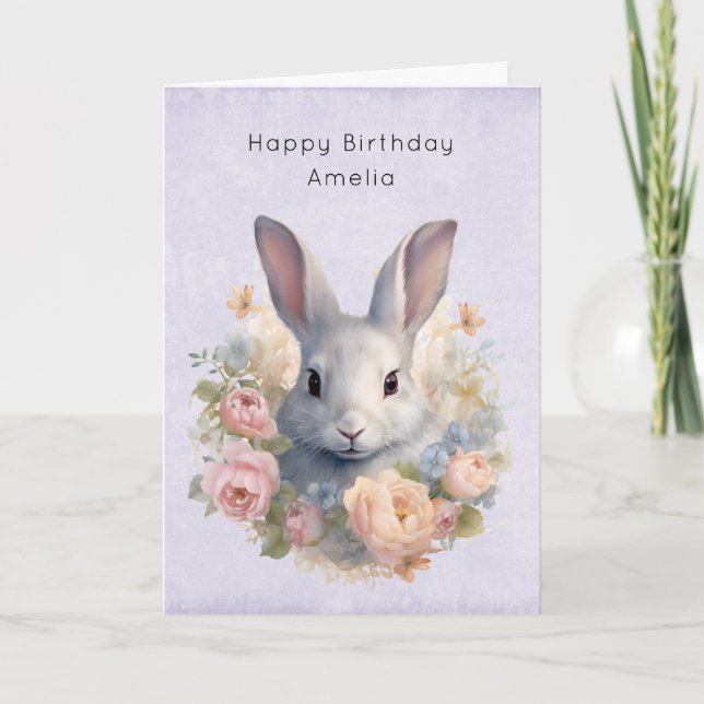 Carte Lapin Entouré de Fleurs Pastel Doux Anniversaire (Devant)