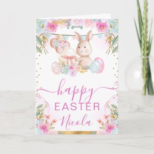 Carte Lapin et fleurs à l'aquarelle Joyeuses Pâques