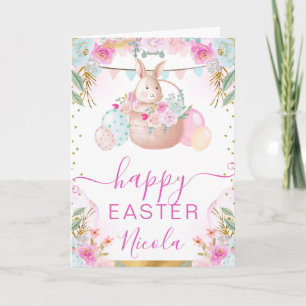 Carte Lapin et fleurs à l'aquarelle Joyeuses Pâques