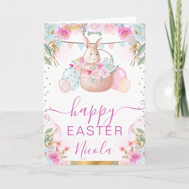 Carte Lapin et fleurs à l'aquarelle Joyeuses Pâques (Devant)