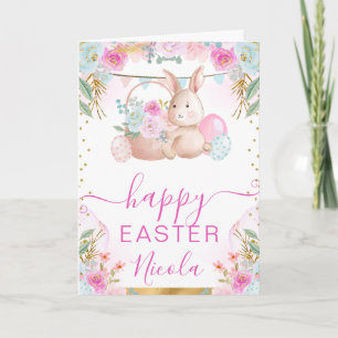 Carte Lapin et fleurs à l'aquarelle Joyeuses Pâques