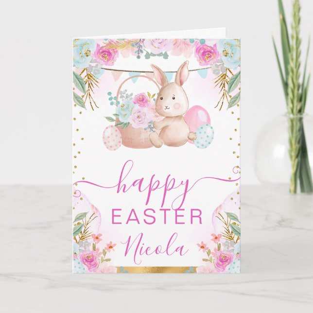 Carte Lapin et fleurs à l'aquarelle Joyeuses Pâques (Devant)
