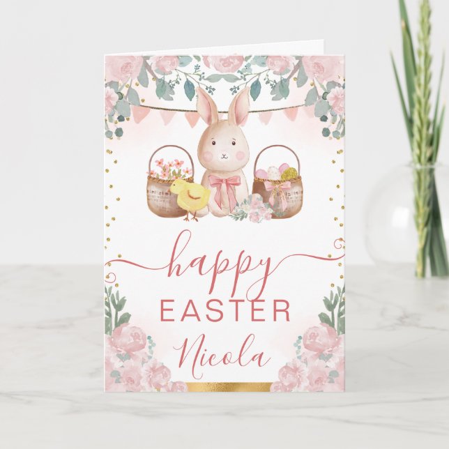 Carte Lapin et fleurs à l'aquarelle Joyeuses Pâques (Devant)