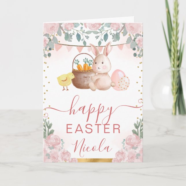 Carte Lapin et fleurs à l'aquarelle Joyeuses Pâques (Devant)