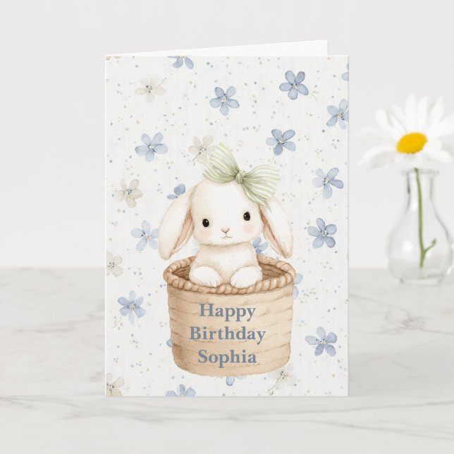 Carte Lapin Fleurs Bleues dans Panier Anniversaire (Petite plante)