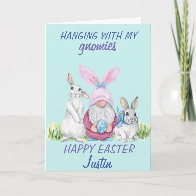 Carte Lapin Gnome Joyeuses Pâques nom personnalisé (Devant)