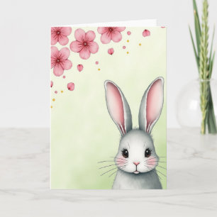 Carte Lapin Gris Pétales Roses