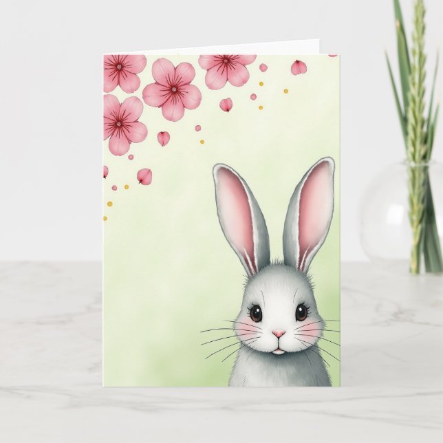Carte Lapin Gris Pétales Roses (Devant)