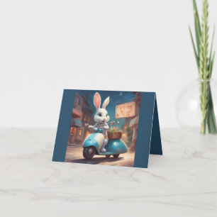 Carte Lapin joyeux de printemps sur un scooter
