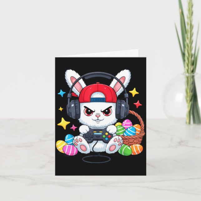 Carte Lapin mignon avec écouteurs jeu de Pâques  (Devant)
