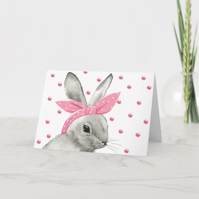 Carte Lapin Mignon avec Nœud Rose (Devant)