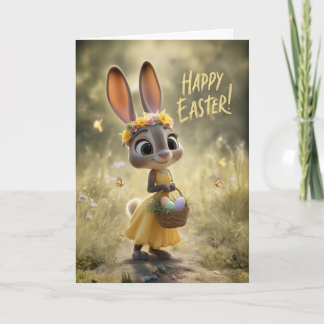 Carte Lapin mignon en jaune avec panier de Pâques heureu (Devant)