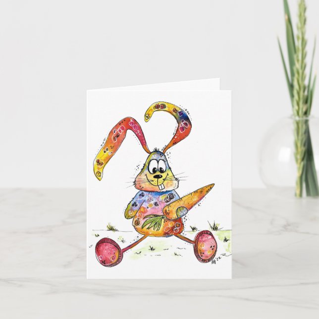 Carte Lapin mignon fantaisiste coloré avec carotte (Devant)